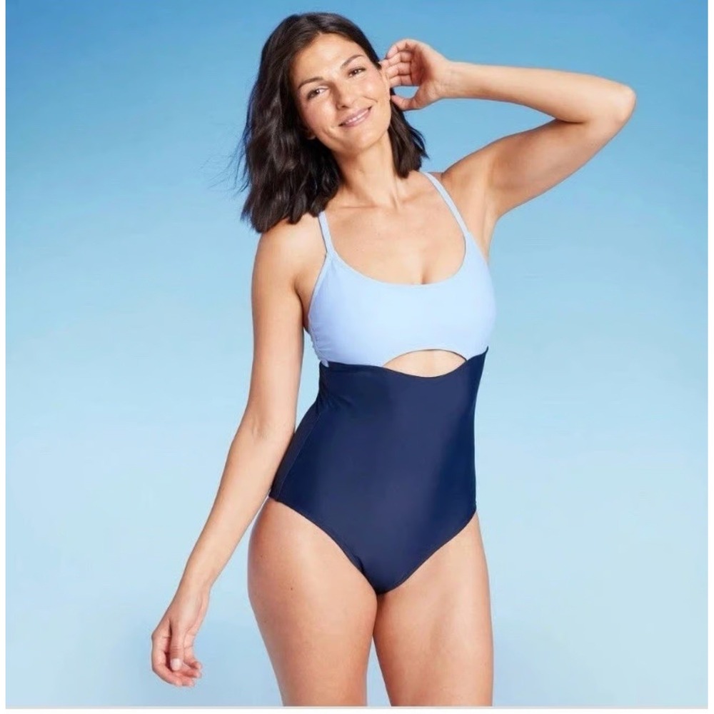 Kona Sol Womens XL Blue Color Block Cutout One‎ Piece Swimsuit Adjustable Straps